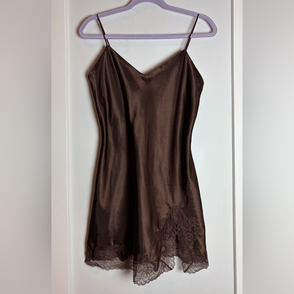 Satin Lace Trim Chemise Slip - Brown